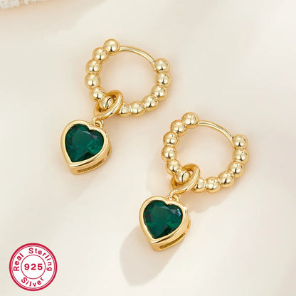 1 Pair Elegant Heart Shape Plating Inlay Sterling Silver Malachite Zircon 18k Gold Plated Drop Earrings