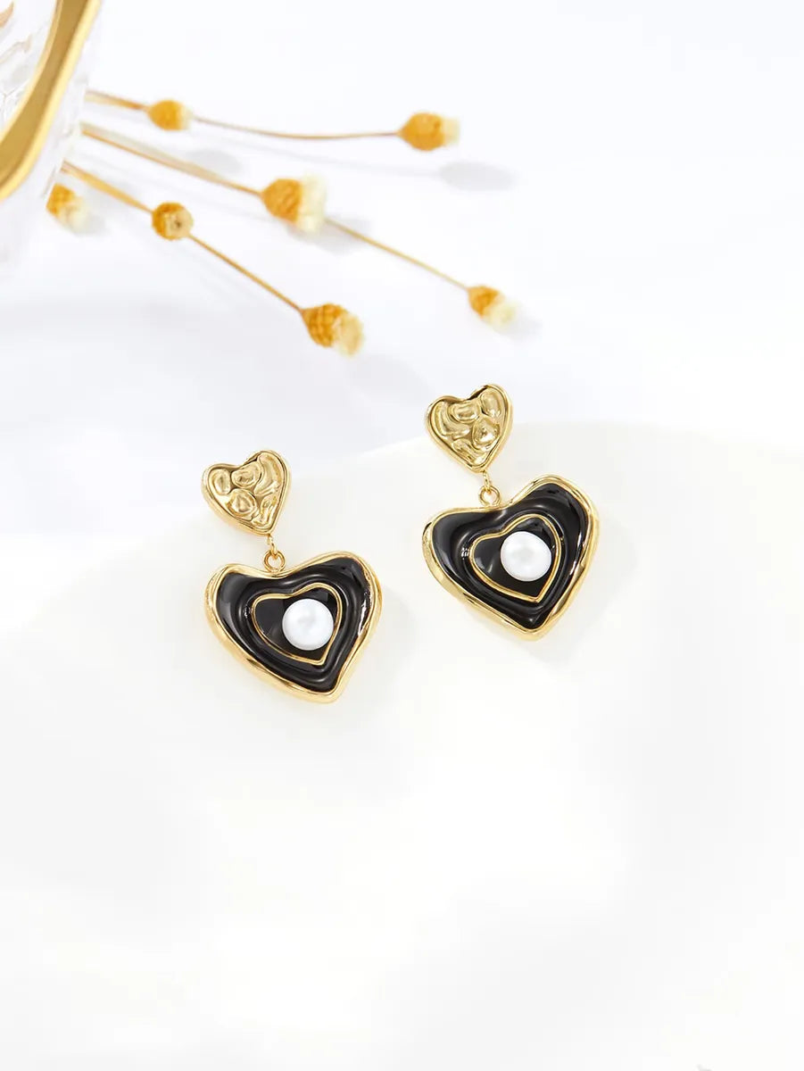 1 Pair Elegant Heart Shape Stainless Steel Pearl 18k Gold Plated Drop Earrings