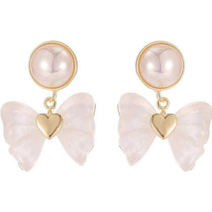 1 Pair Elegant Korean Style Bow Knot Inlay Alloy Artificial Pearls Drop Earrings