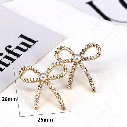 1 Pair Elegant Lady Bow Knot Inlay Copper Artificial Pearls Imitation Pearl Zircon 18K Gold Plated Ear Cuffs Ear Studs