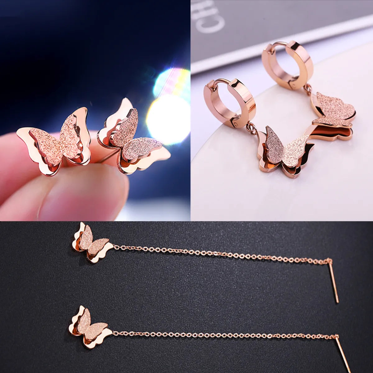 1 Pair Elegant Lady Butterfly Plating Stainless Steel 18k Gold Plated Drop Earrings Earrings Ear Studs