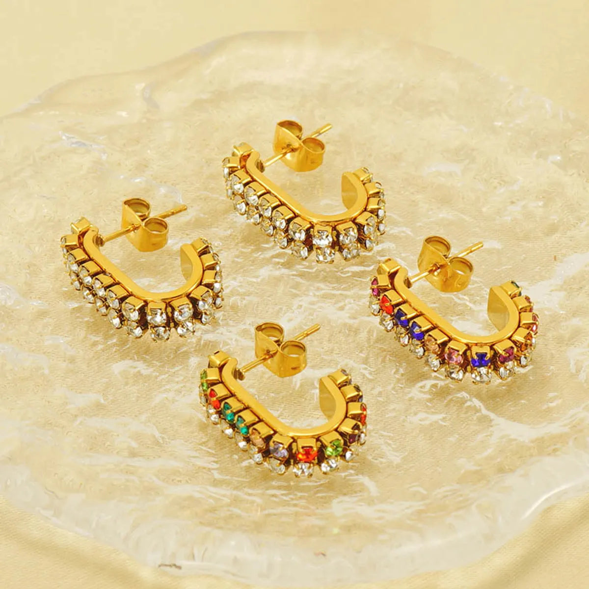 1 Pair Elegant Lady C Shape Plating Inlay Stainless Steel Zircon 18k Gold Plated Ear Studs