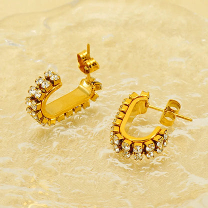 1 Pair Elegant Lady C Shape Plating Inlay Stainless Steel Zircon 18k Gold Plated Ear Studs