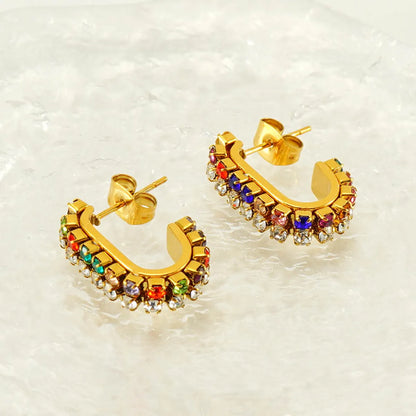 1 Pair Elegant Lady C Shape Plating Inlay Stainless Steel Zircon 18k Gold Plated Ear Studs