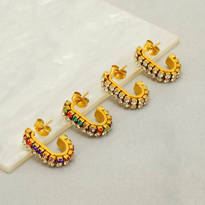 1 Pair Elegant Lady C Shape Plating Inlay Stainless Steel Zircon 18k Gold Plated Ear Studs