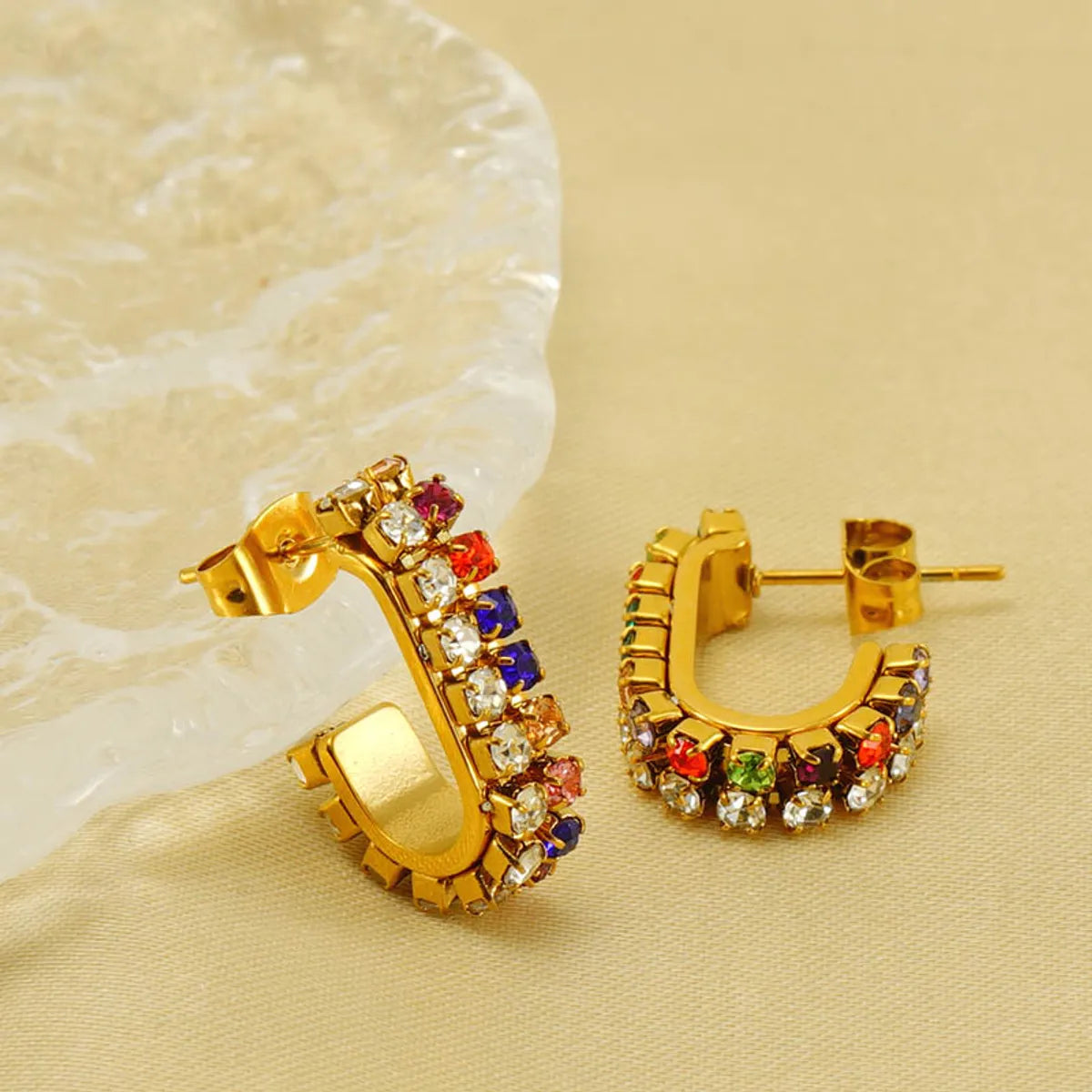 1 Pair Elegant Lady C Shape Plating Inlay Stainless Steel Zircon 18k Gold Plated Ear Studs