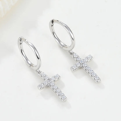 1 Pair Elegant Lady Cross Plating Inlay Sterling Silver Zircon 18k Gold Plated White Gold Plated Drop Earrings