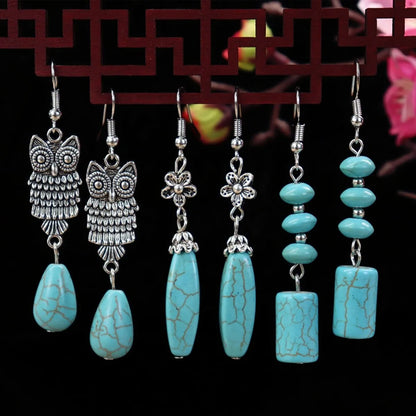 1 Pair Elegant Lady Ethnic Style Owl Flower Butterfly Turquoise Drop Earrings