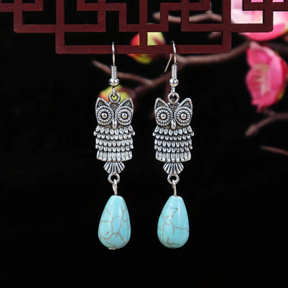 1 Pair Elegant Lady Ethnic Style Owl Flower Butterfly Turquoise Drop Earrings