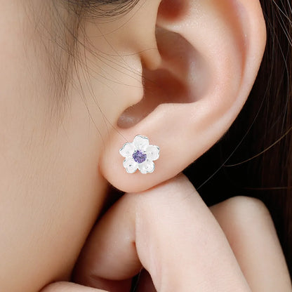 1 Pair Elegant Lady Flower Inlay White Copper Artificial Gemstones Ear Studs