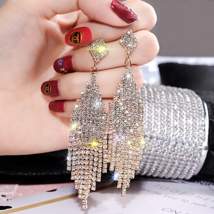 1 Pair Elegant Lady Geometric Heart Shape Tassel Plating Inlay Alloy Artificial Rhinestones Drop Earrings