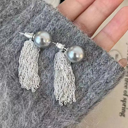 1 Pair Elegant Lady Geometric Tassel Imitation Pearl Silver Plated Drop Earrings