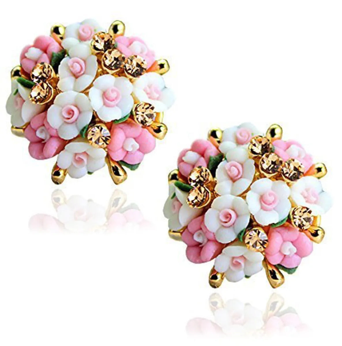 1 Pair Elegant Lady Rose Petal Inlay Ceramics Rhinestones Ear Studs