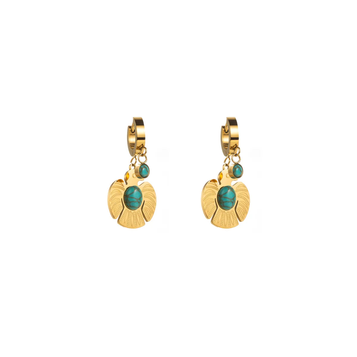 1 Pair Elegant Lady Round Moon Maple Leaf Inlay Carving Titanium Steel Turquoise Pearl Zircon Gold Plated Drop Earrings