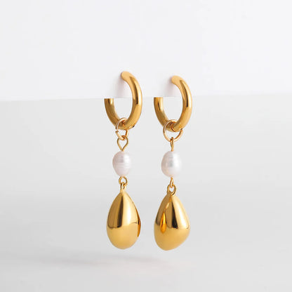 1 Pair Elegant Lady Simple Style Geometric Water Droplets Inlay 304 Stainless Steel Pearl Drop Earrings