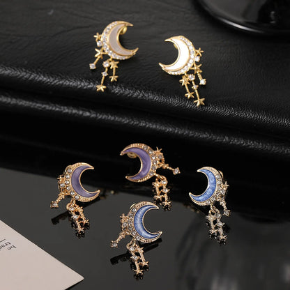 1 Pair Elegant Lady Simple Style Star Moon Enamel Alloy Zircon Drop Earrings