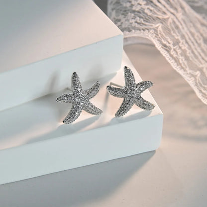 1 Pair Elegant Lady Starfish Inlay Copper Zircon Ear Studs