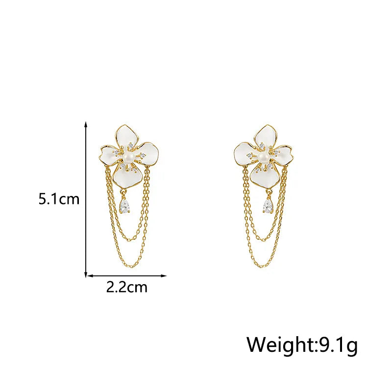 1 Pair Elegant Lady Streetwear Flower Tassel Inlay Alloy Imitation Pearl Rhinestones Drop Earrings