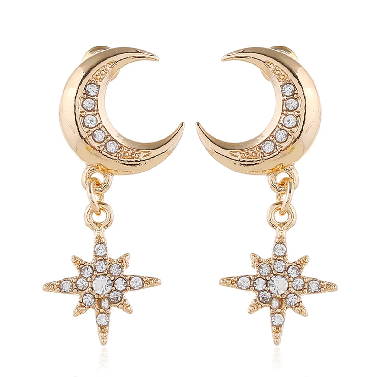 1 Pair Elegant Lady Streetwear Geometric Star Moon Inlay Alloy Rhinestones Gold Plated Drop Earrings