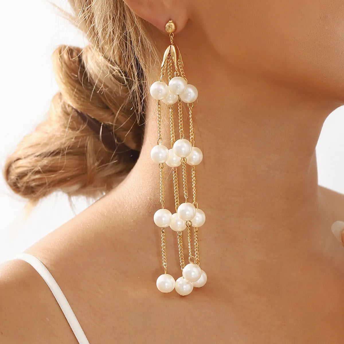 1 Pair Elegant Lady Streetwear Geometric Tassel Plating Artificial Pearl Alloy Drop Earrings