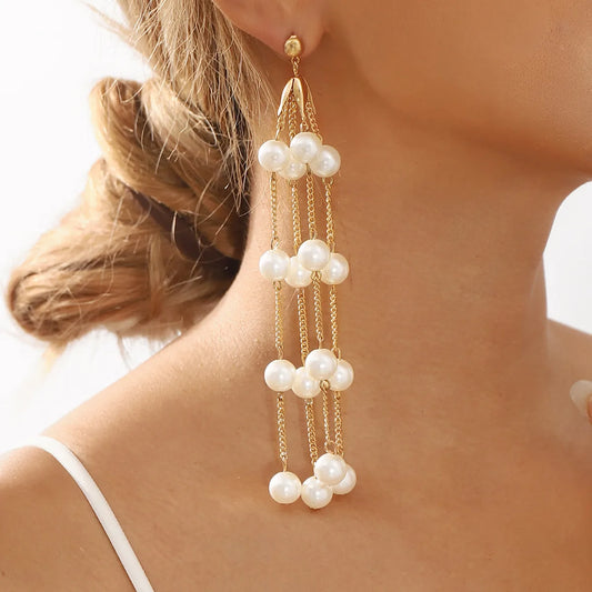 1 Pair Elegant Lady Streetwear Geometric Tassel Plating Artificial Pearl Alloy Drop Earrings