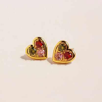 1 Pair Elegant Lady Streetwear Heart Shape Inlay Brass Zircon 24K Gold Plated Ear Studs