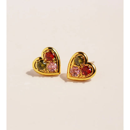 1 Pair Elegant Lady Streetwear Heart Shape Inlay Brass Zircon 24K Gold Plated Ear Studs