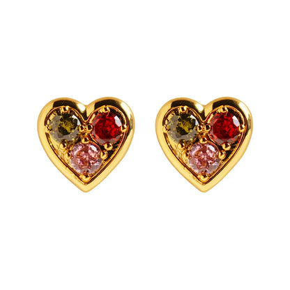 1 Pair Elegant Lady Streetwear Heart Shape Inlay Brass Zircon 24K Gold Plated Ear Studs