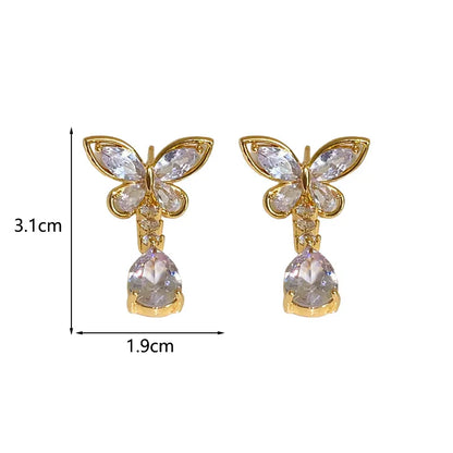 1 Pair Elegant Lady Streetwear Water Droplets Butterfly Inlay Copper Zircon 14K Gold Plated Drop Earrings