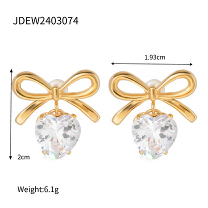 1 Pair Elegant Lady Sweet Heart Shape Bow Knot Inlay 304 Stainless Steel Zircon 18K Gold Plated Ear Studs