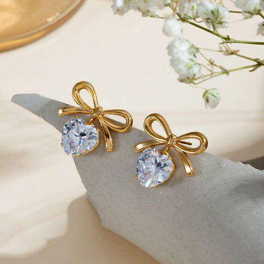 1 Pair Elegant Lady Sweet Heart Shape Bow Knot Inlay 304 Stainless Steel Zircon 18K Gold Plated Ear Studs