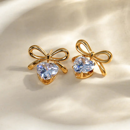 1 Pair Elegant Lady Sweet Heart Shape Bow Knot Inlay 304 Stainless Steel Zircon 18K Gold Plated Ear Studs