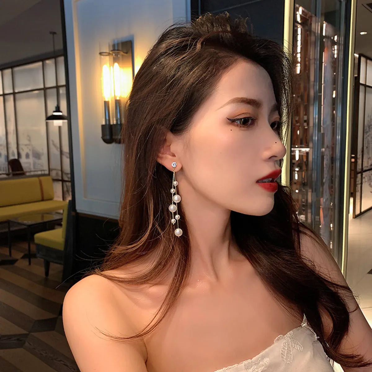 1 Pair Elegant Lady Tassel Imitation Pearl Alloy Drop Earrings