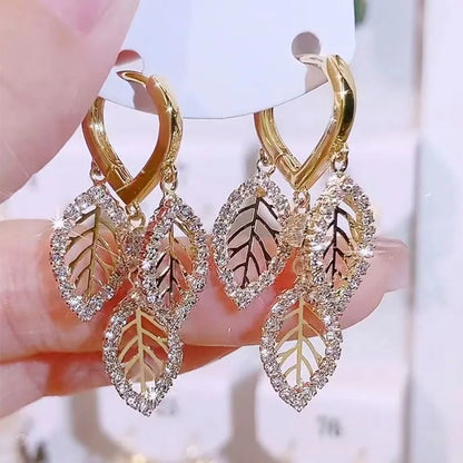 1 Pair Elegant Leaf Inlay Alloy Artificial Crystal Rhinestones Drop Earrings