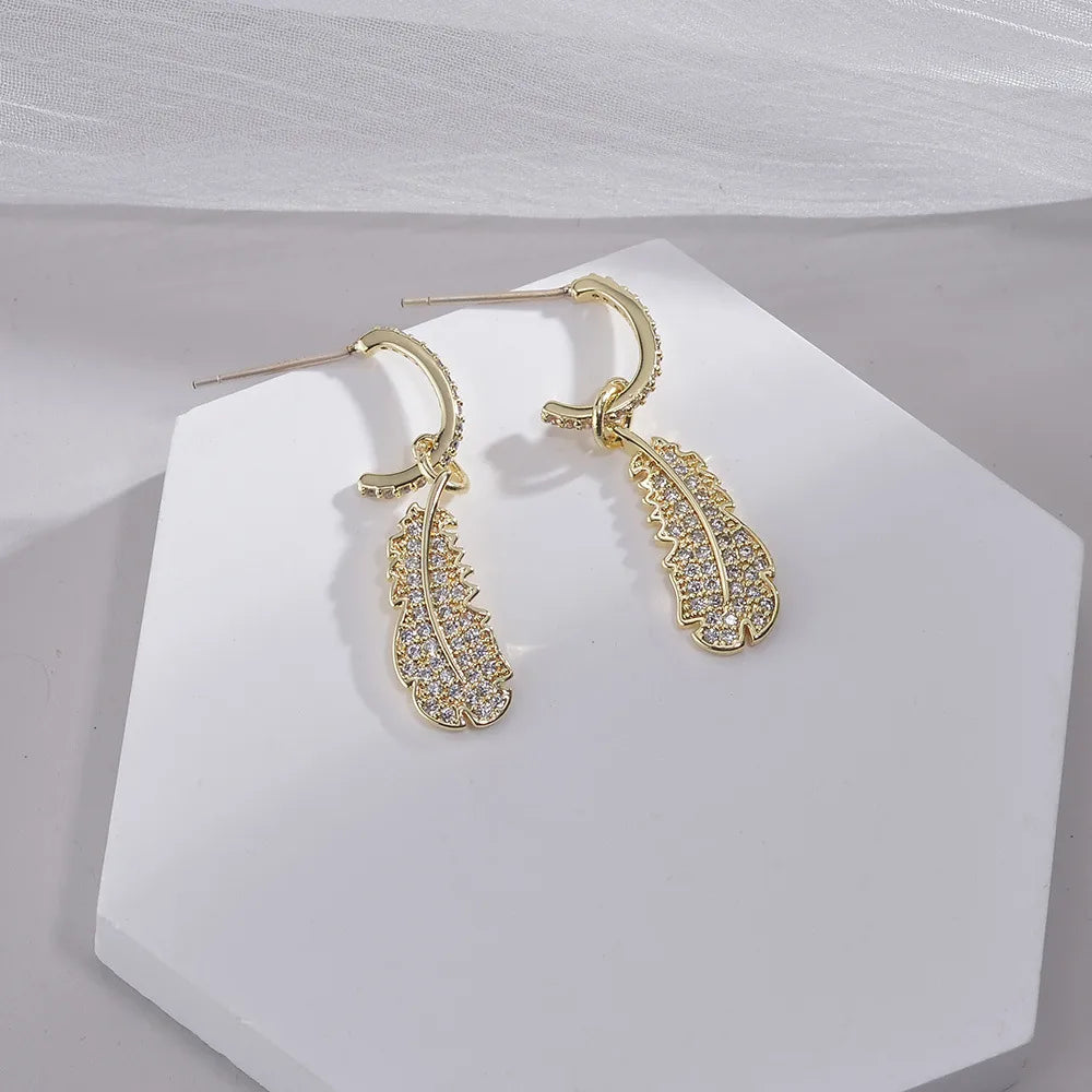 1 Pair Elegant Leaf Plating Inlay Sterling Silver Zircon 16K Gold Plated White Gold Plated Drop Earrings