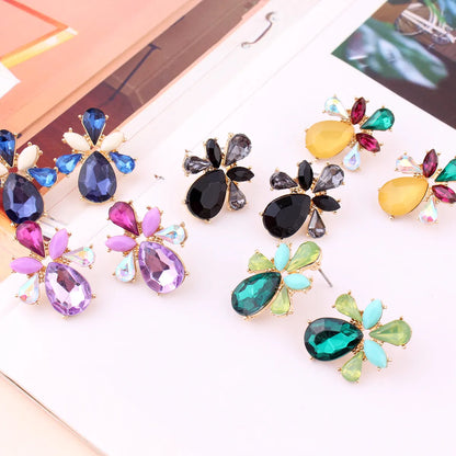 1 Pair Elegant Leaves Water Droplets Plating Inlay Arylic Alloy Rhinestones Gold Plated Ear Studs