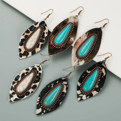 1 Pair Elegant Leopard Inlay Pu Leather Alloy Turquoise Turquoise Drop Earrings