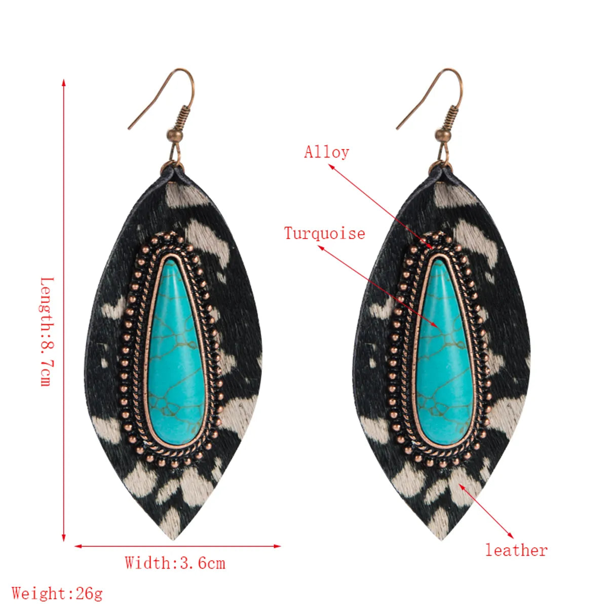 1 Pair Elegant Leopard Inlay Pu Leather Alloy Turquoise Turquoise Drop Earrings