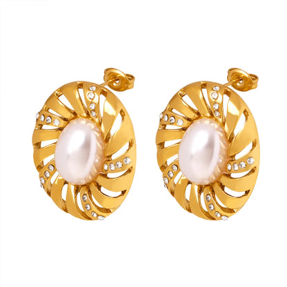 1 Pair Elegant Luxurious Baroque Style Oval Plating Inlay Titanium Steel Artificial Pearls Rhinestones 18k Gold Plated Ear Studs