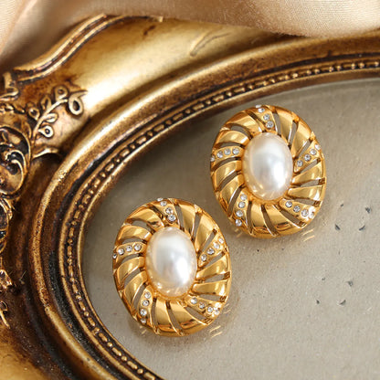 1 Pair Elegant Luxurious Baroque Style Oval Plating Inlay Titanium Steel Artificial Pearls Rhinestones 18k Gold Plated Ear Studs