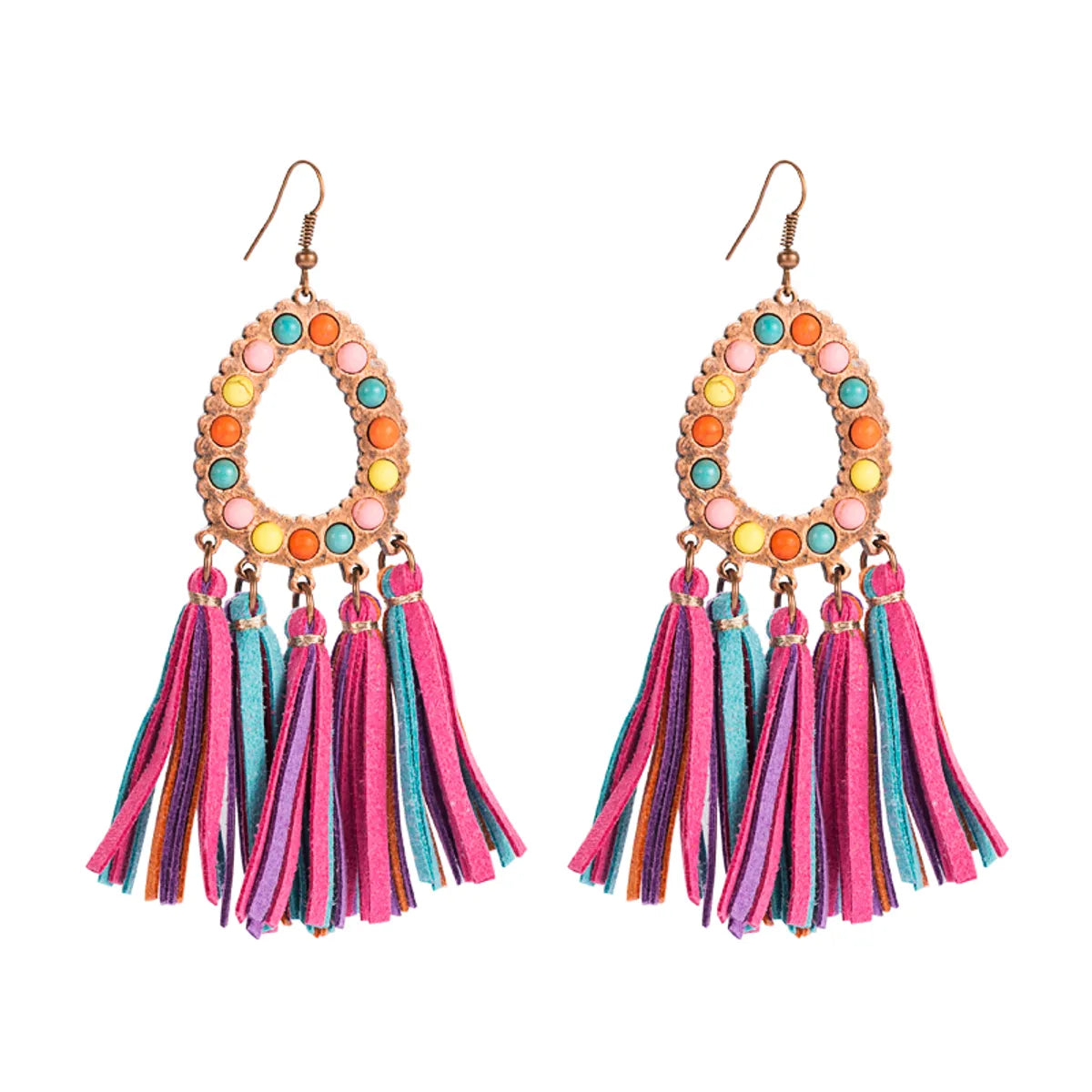 1 Pair Elegant Luxurious Bohemian Oval Tassel Plating Inlay Pu Leather Turquoise Gold Plated Drop Earrings