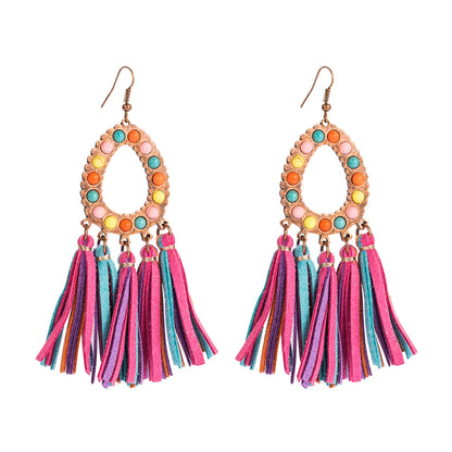 1 Pair Elegant Luxurious Bohemian Oval Tassel Plating Inlay Pu Leather Turquoise Gold Plated Drop Earrings