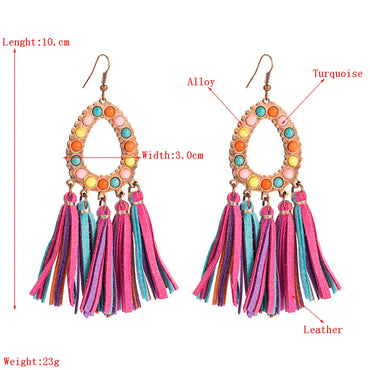 1 Pair Elegant Luxurious Bohemian Oval Tassel Plating Inlay Pu Leather Turquoise Gold Plated Drop Earrings