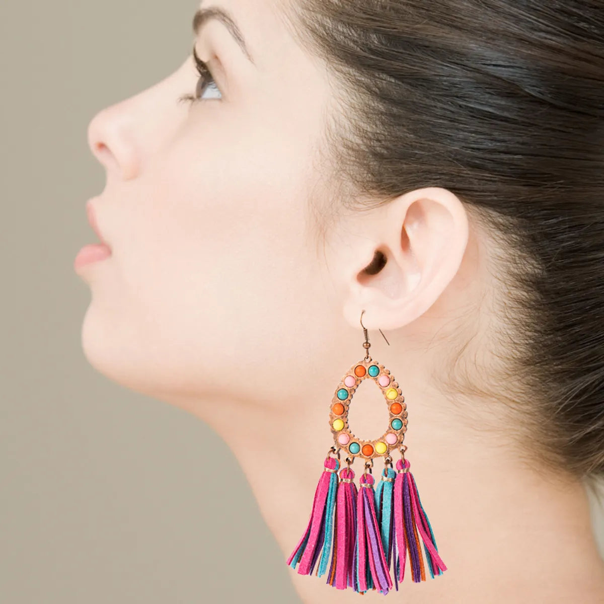 1 Pair Elegant Luxurious Bohemian Oval Tassel Plating Inlay Pu Leather Turquoise Gold Plated Drop Earrings