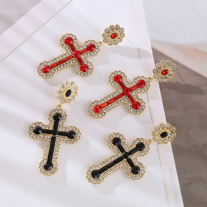 1 Pair Elegant Luxurious Cross Inlay Alloy Rhinestones Drop Earrings