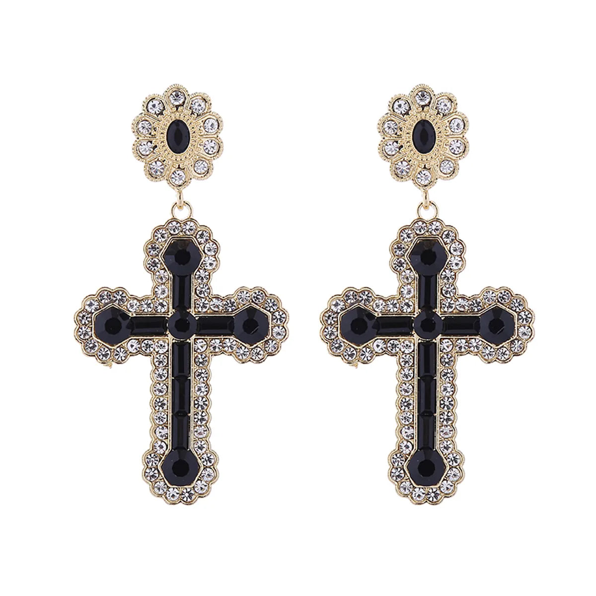 1 Pair Elegant Luxurious Cross Inlay Alloy Rhinestones Drop Earrings