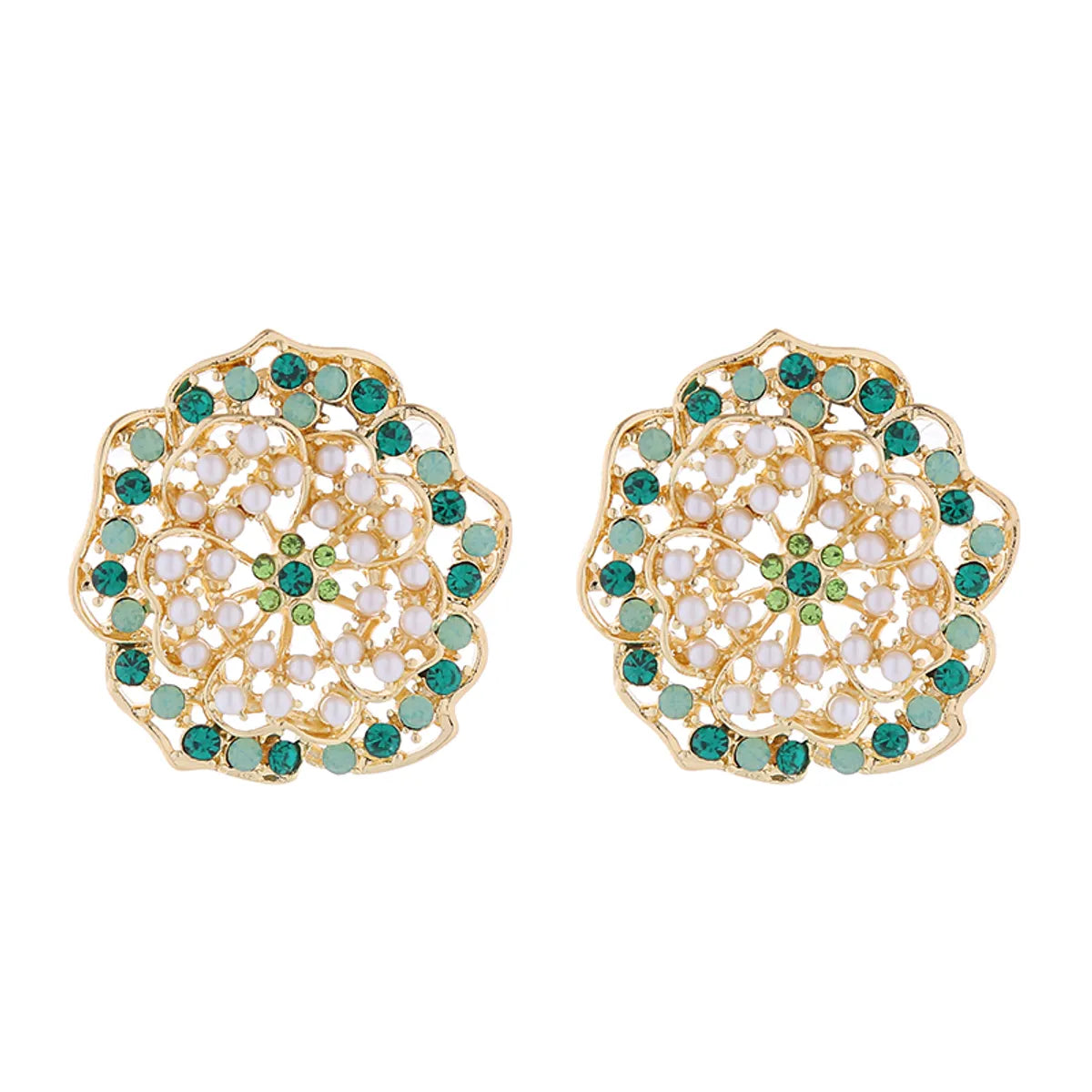 1 Pair Elegant Luxurious Flower Plating Inlay Alloy Artificial Pearls Rhinestones Gold Plated Ear Studs