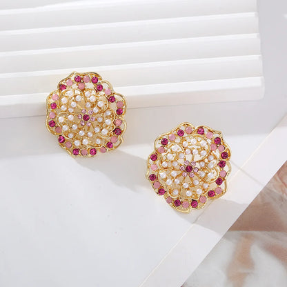 1 Pair Elegant Luxurious Flower Plating Inlay Alloy Artificial Pearls Rhinestones Gold Plated Ear Studs