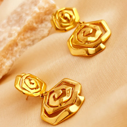 1 Pair Elegant Luxurious Flower Polishing Plating 304 Stainless Steel 18K Gold Plated Drop Earrings