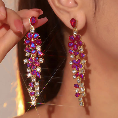 1 Pair Elegant Luxurious Flower Tassel Plating Inlay Alloy Rhinestones Zircon Drop Earrings